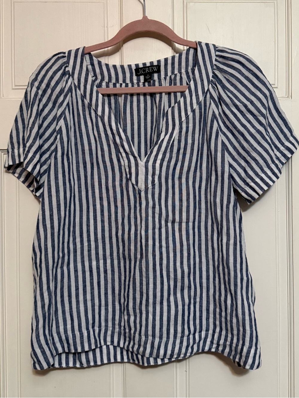 J. Crew Navy and White Vertical Stripe V-Neck Linen Short Sleeve Top